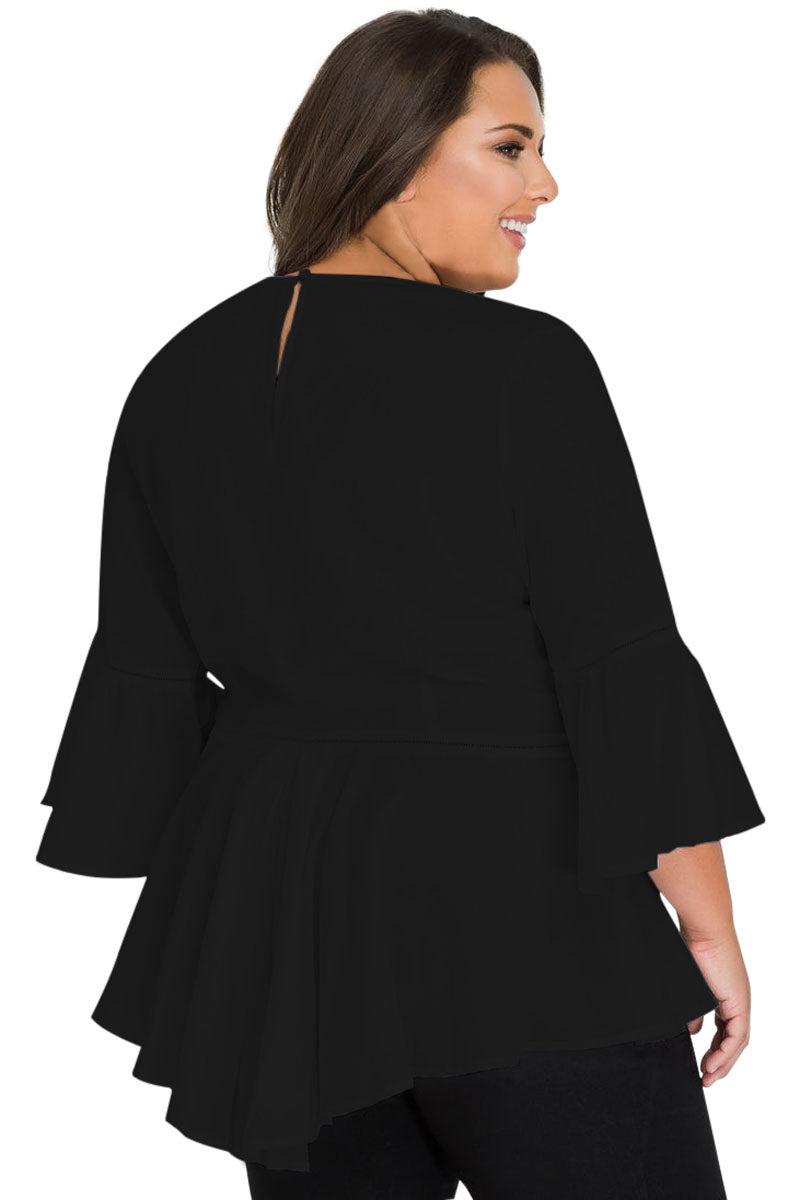 Black Crochet Insert Bell Sleeve Plus Size Top