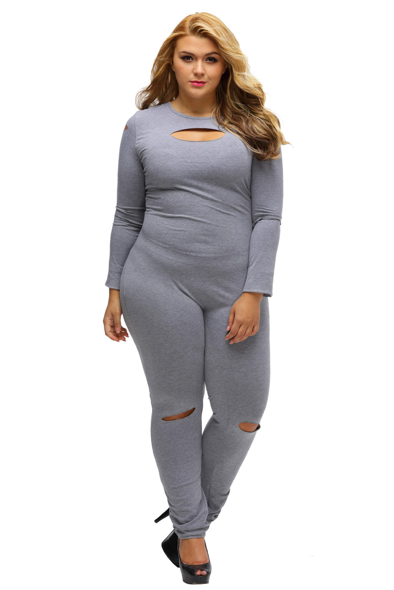 Gray Plus Size Slit Long Sleeve Jumpsuit