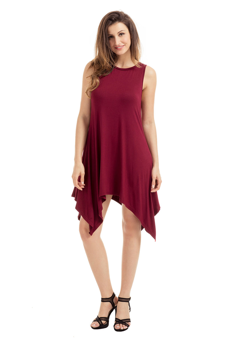 Burgundy Draped Asymmetric Hemline Sleeveless Jersey Dress