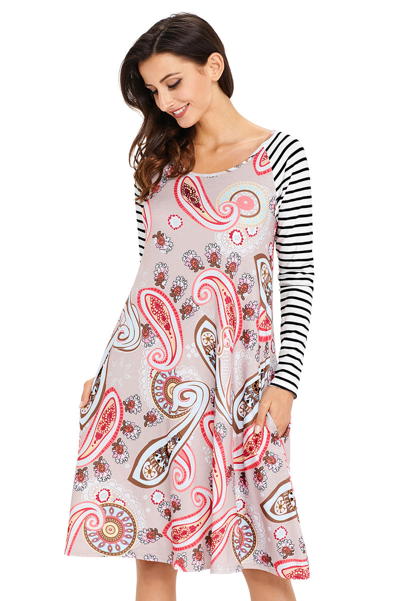 Brown Paisley Print Stripe Raglan Sleeve Dress