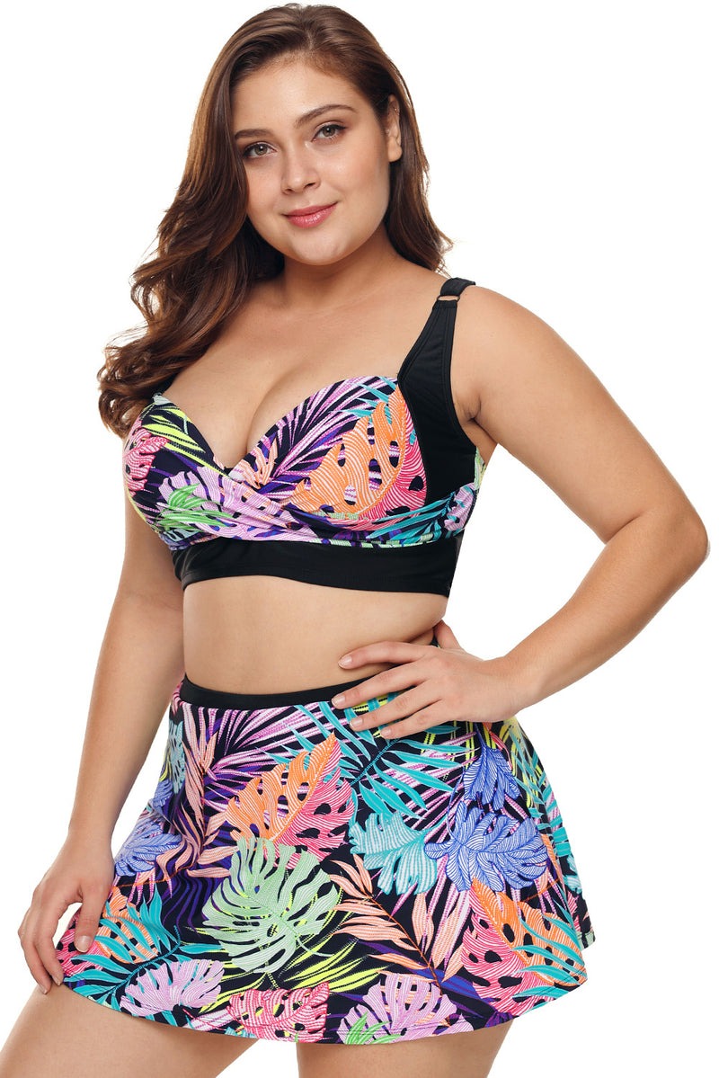 Plus Size Tropical Print Bikini Top with Swim Skirt