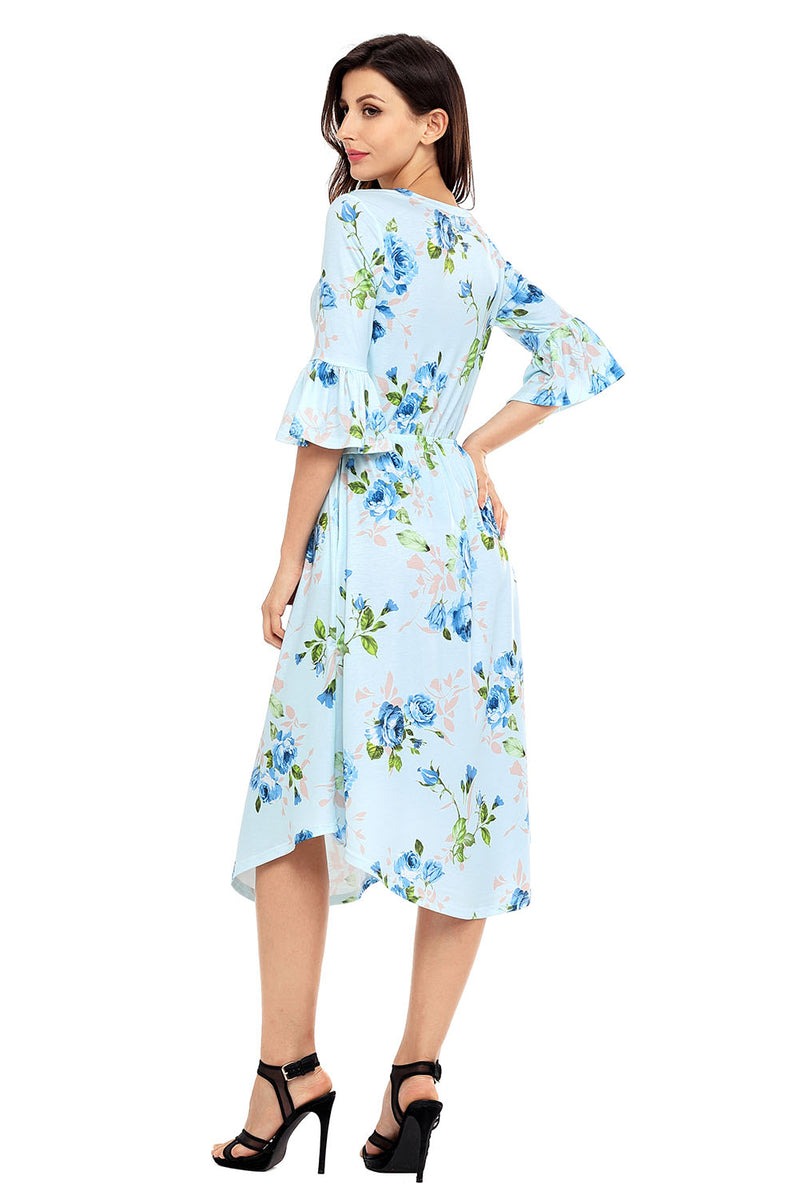 Light Blue 3/4 Bell Sleeve Floral Midi Dress