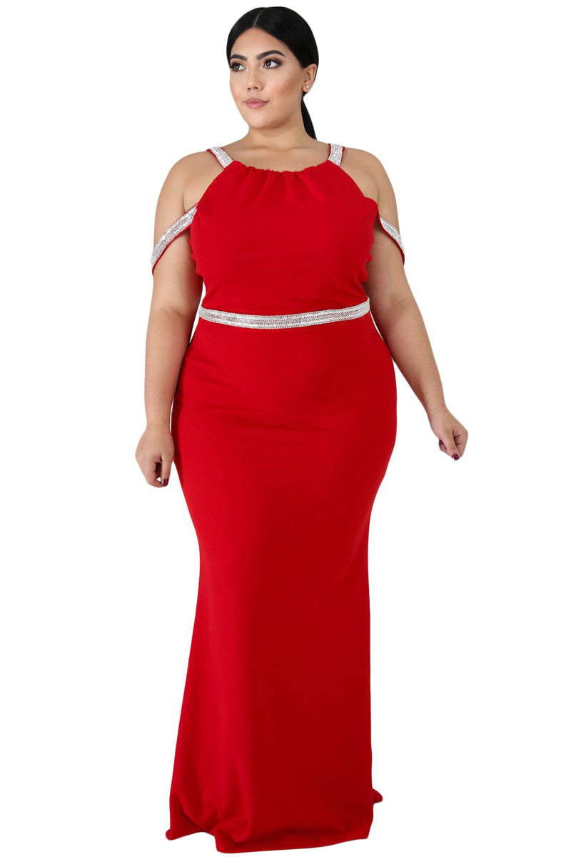 Red Plus Size Rhinestone Galore Maxi Dress