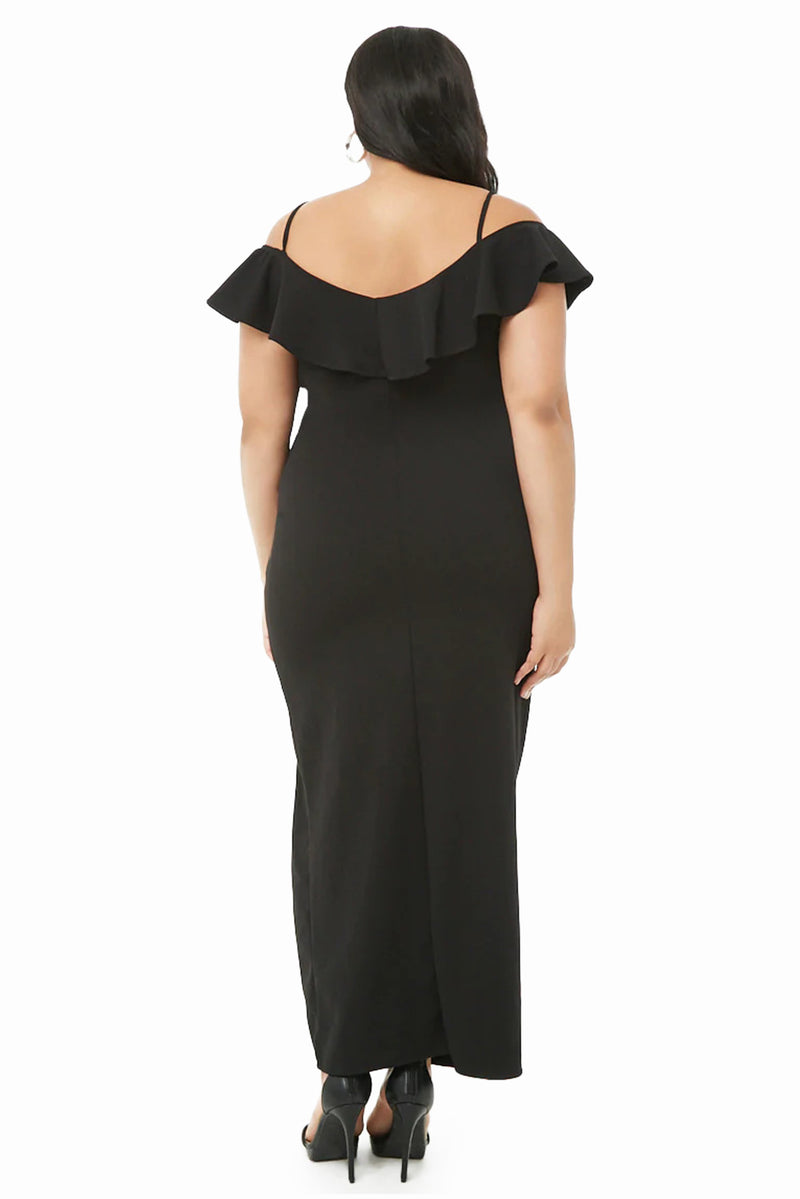 Black Plus Size Open Shoulder Ruffle Dress