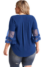 Navy Blue Tulle Embroidered Bell Sleeve Plus Size Blouse