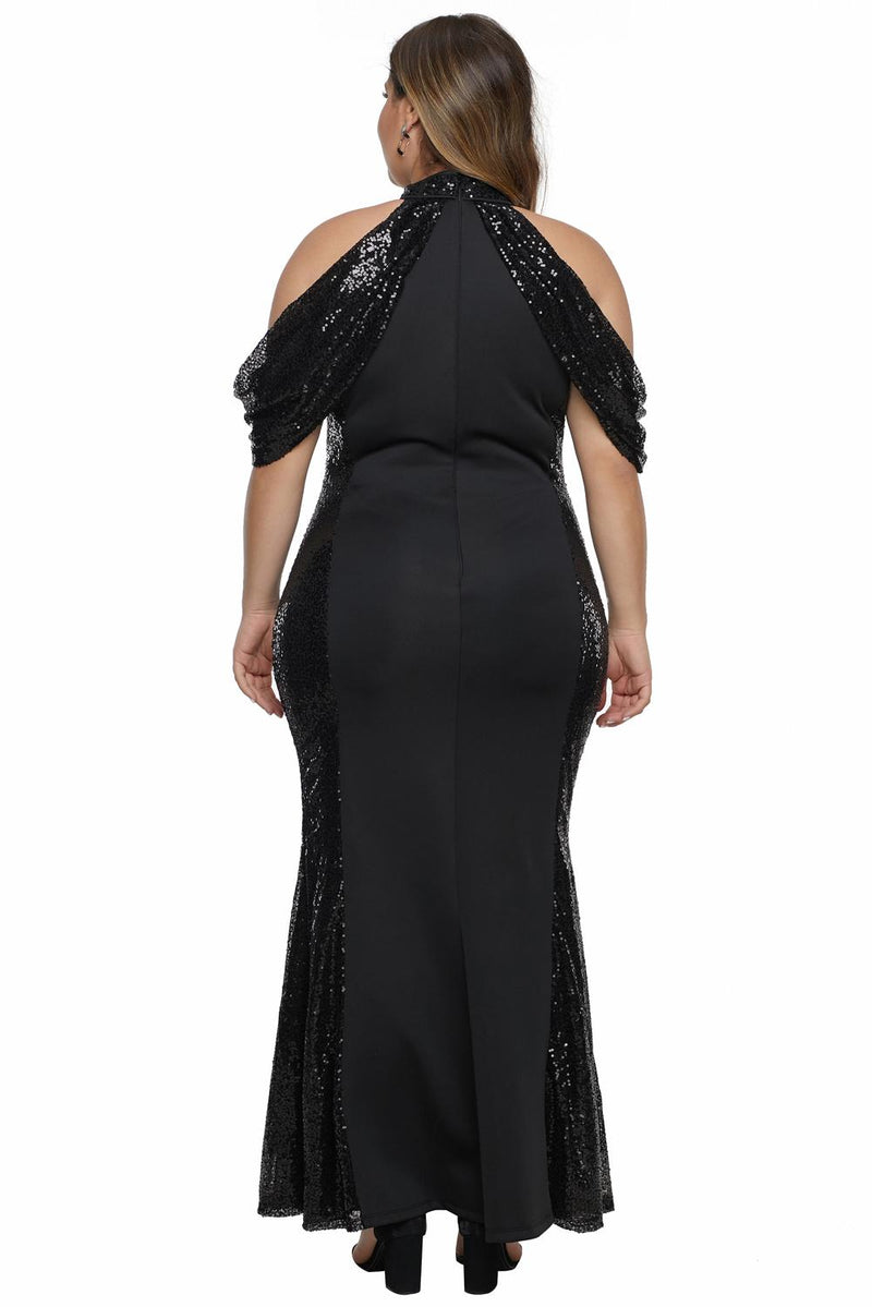 Black High Neck Drop Shoulder Sequin Décor Plus Size Gown