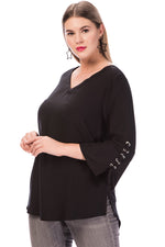 Black Lace Up Bell Sleeve Plus Size Top