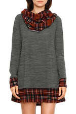 Charcoal Plaid Elbow Patch Cowl Neck Dress