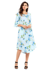 Light Blue 3/4 Bell Sleeve Floral Midi Dress