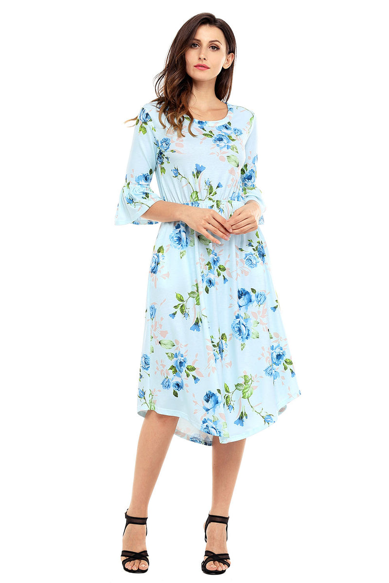 Light Blue 3/4 Bell Sleeve Floral Midi Dress