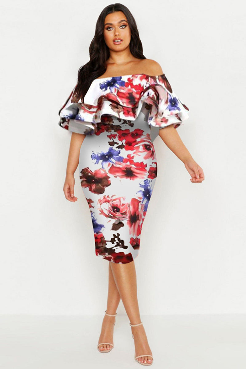 White Plus Off Shoulder Floral Ruffle Midi Dress