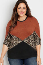 Orange Plus Size Animal Print Splice Long Sleeve Pullover Sweatshirt