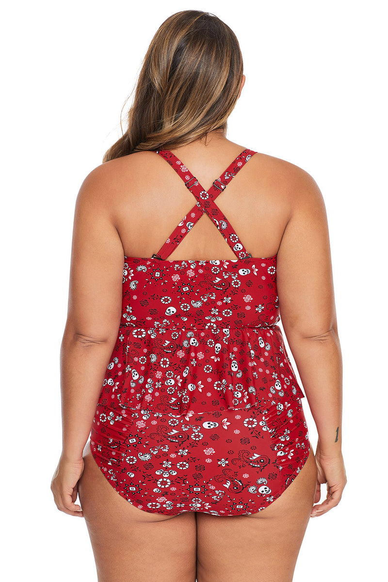 Red Print Moulded Cups Peplum Plus Size Bikini