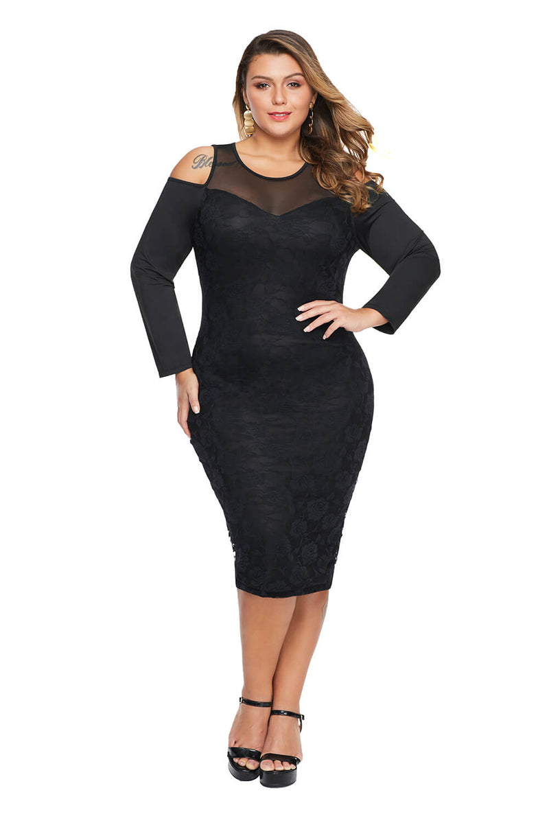 Black Cold Shoulder Mesh Yoke Plus Size Dress