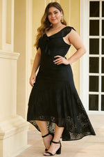 Black Asymmetric Ruffle Shoulder Design Plus Size Lace Dress