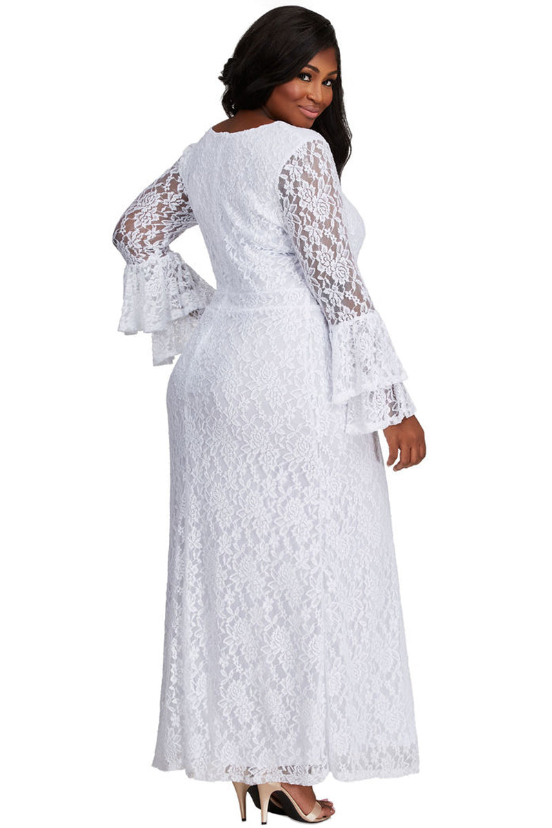 White Lace Bell Sleeve Plus Size Maxi Dress