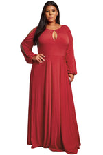 Red Split Long Sleeve Plus Size Maxi Dress