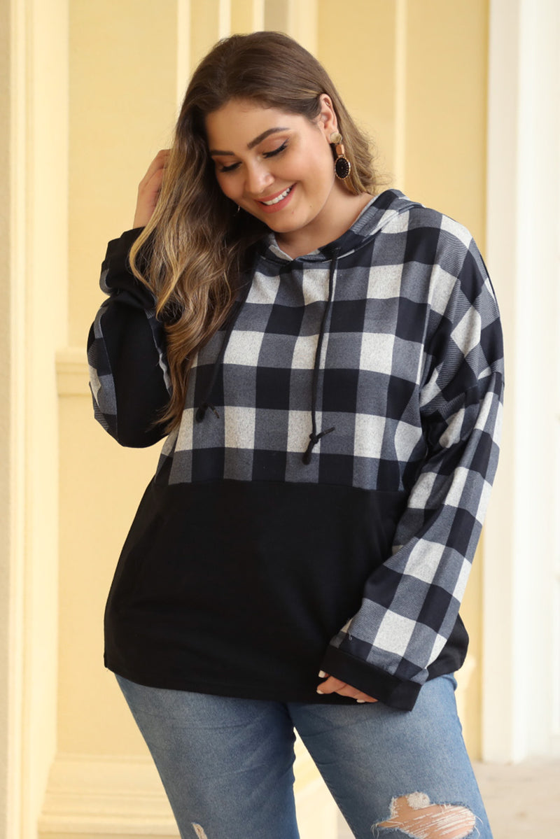 Black Plaid Patchwork Plus Size Hoodie