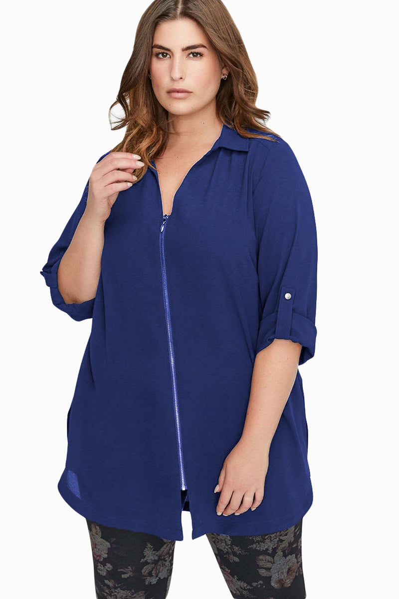 Navy Blue Plus Size Zip Down Chiffon Blouse