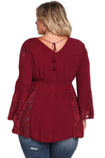 Burgundy V Neck Lace Insert Bell Sleeves Babydoll Plus Top