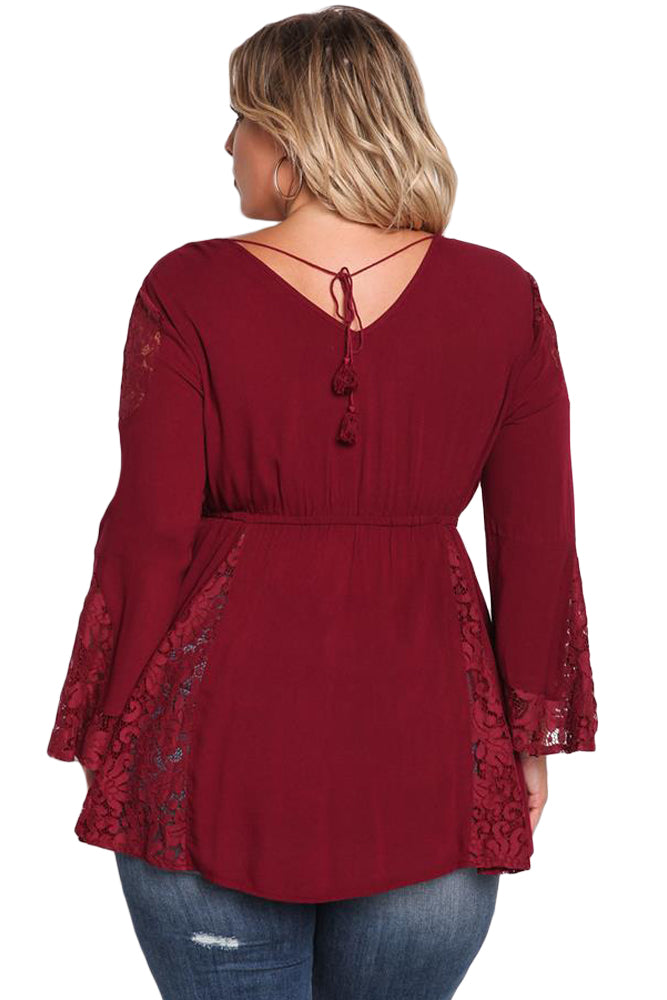 Burgundy V Neck Lace Insert Bell Sleeves Babydoll Plus Top