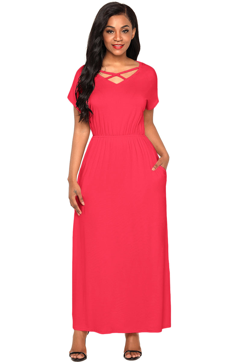 Rosy Red Crisscross V Neck Short Sleeve Maxi Jersey Dress