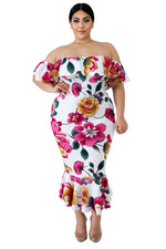 White Off-the-shoulder Floral Mermaid Plus Size Dress