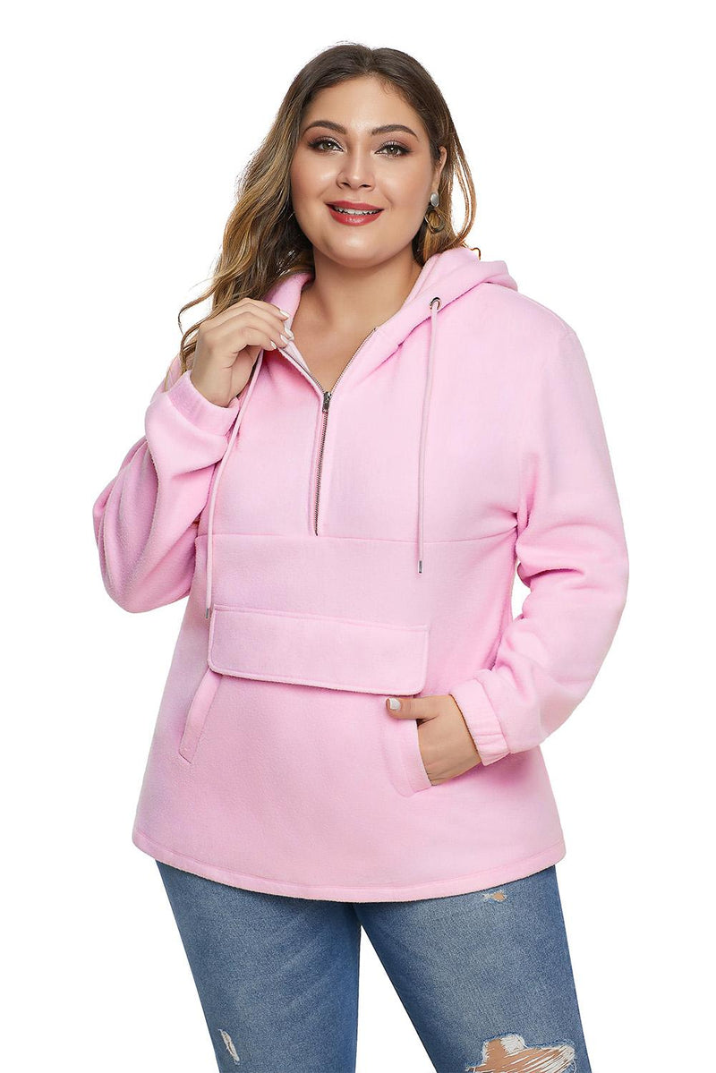 Pink Zip Neck Drawstring Plus Size Hoodie