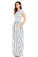 Blue Striped White Short Sleeve Maxi Dress