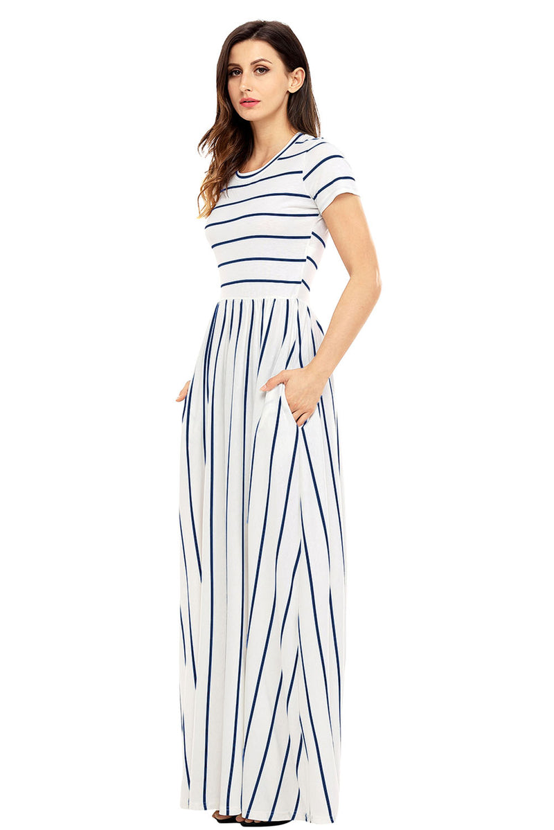 Blue Striped White Short Sleeve Maxi Dress