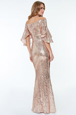 Apricot Off The Shoulder Sequined Maxi Dress