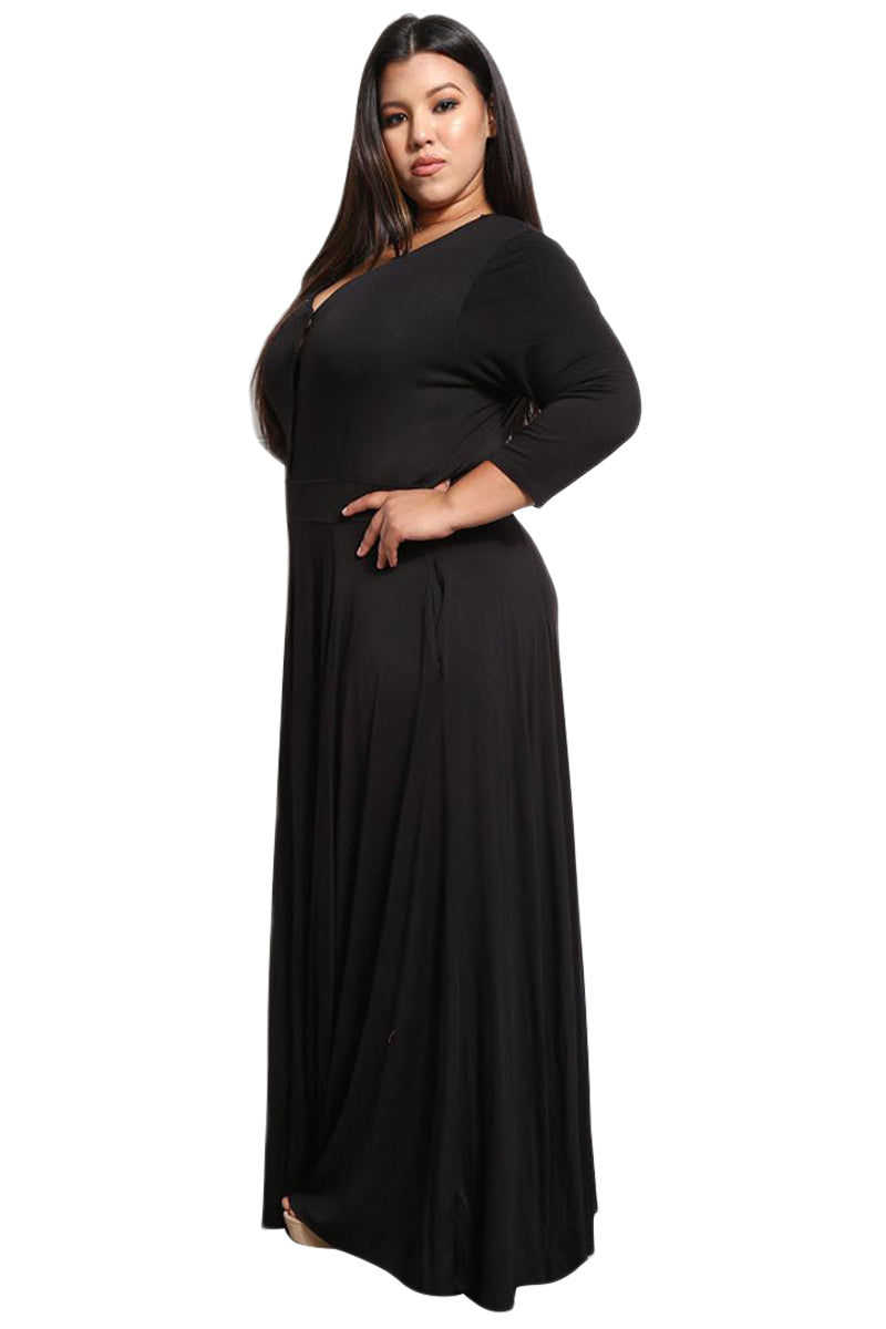 Black Plus Size Pocketed V Neck Maxi Dress