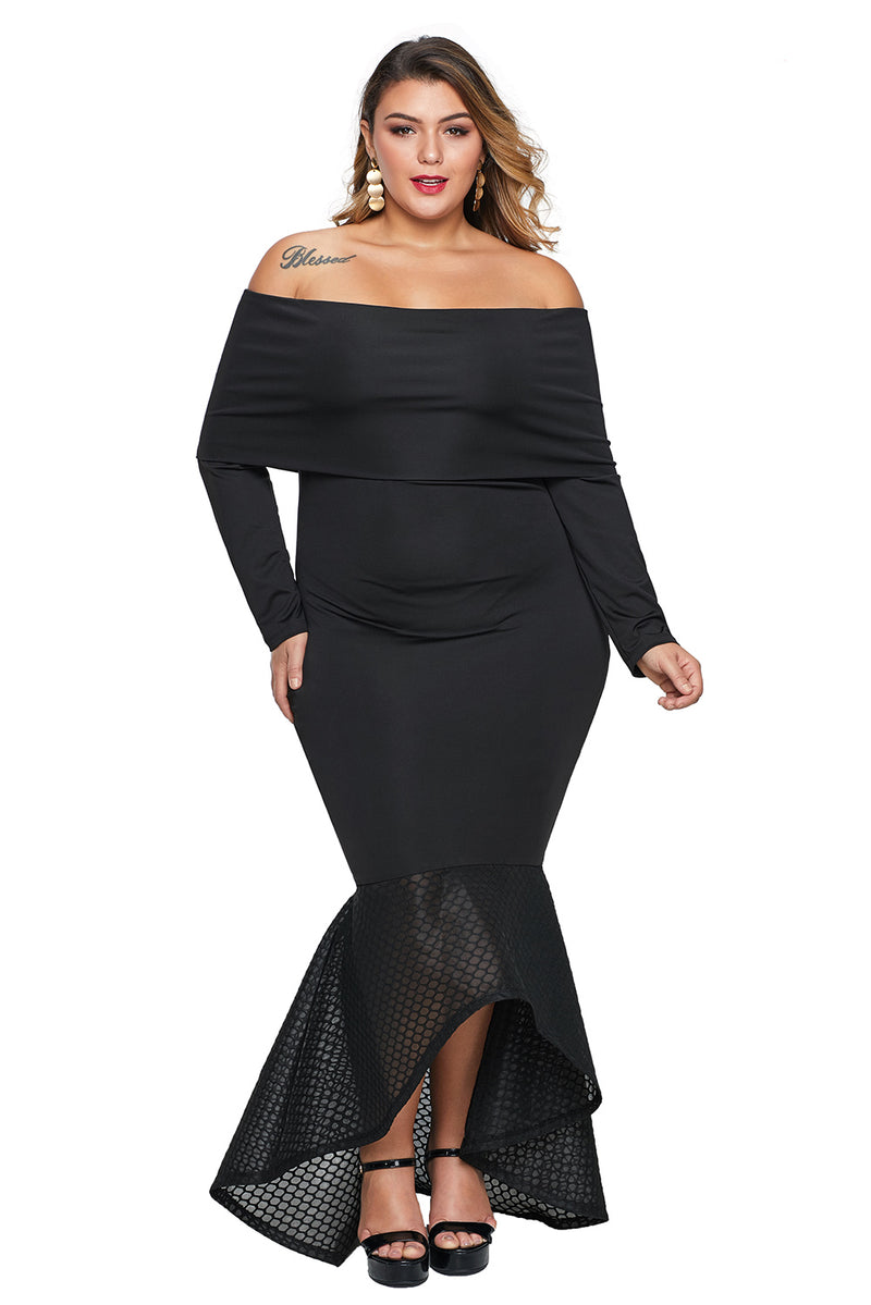 Black Overlay Off Shoulder Fishtail Plus Size Maxi Dress