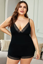 Black Plus Size Knit Lace Trim Lingerie Short Set