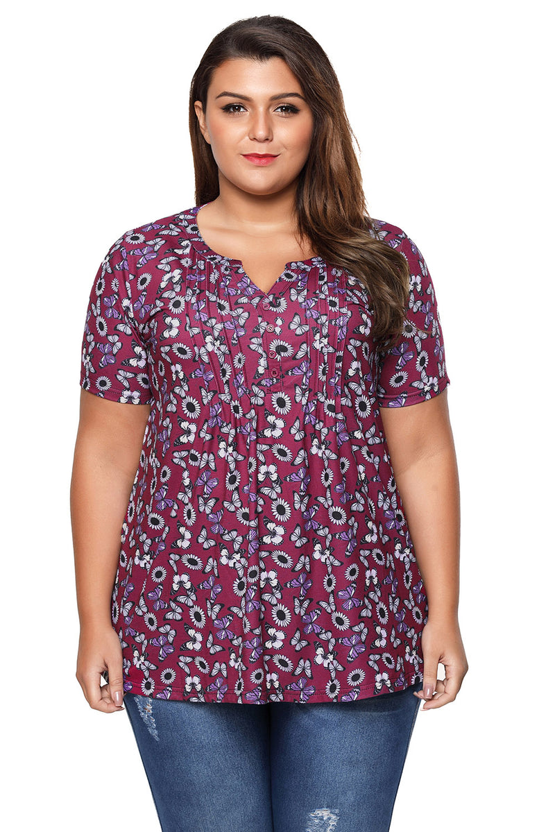 Burgundy Butterfly Floral Pin Tuck Plus Size Blouse