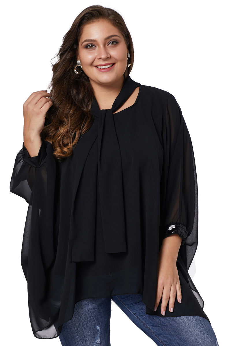 Black Long Sleeve Chiffon Overlay Plus Size Blouse