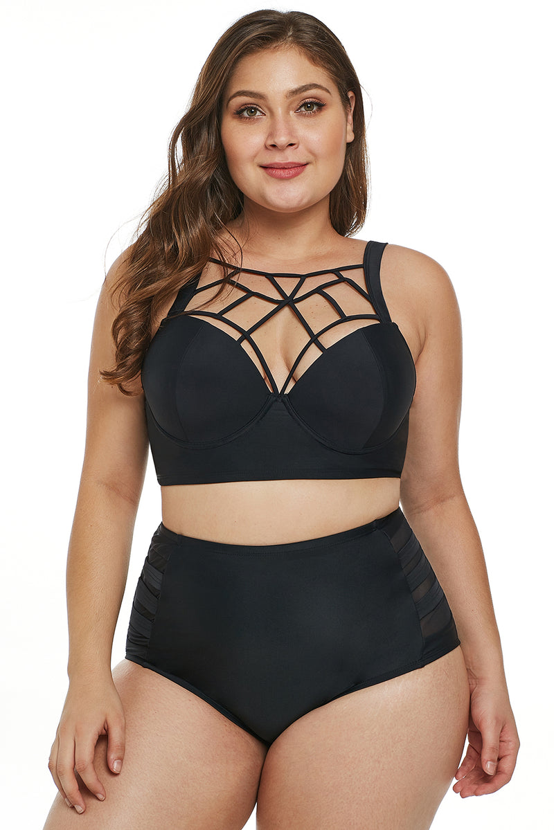 Black Caged Push-Up Balconette Plus Size High Waist Bikini