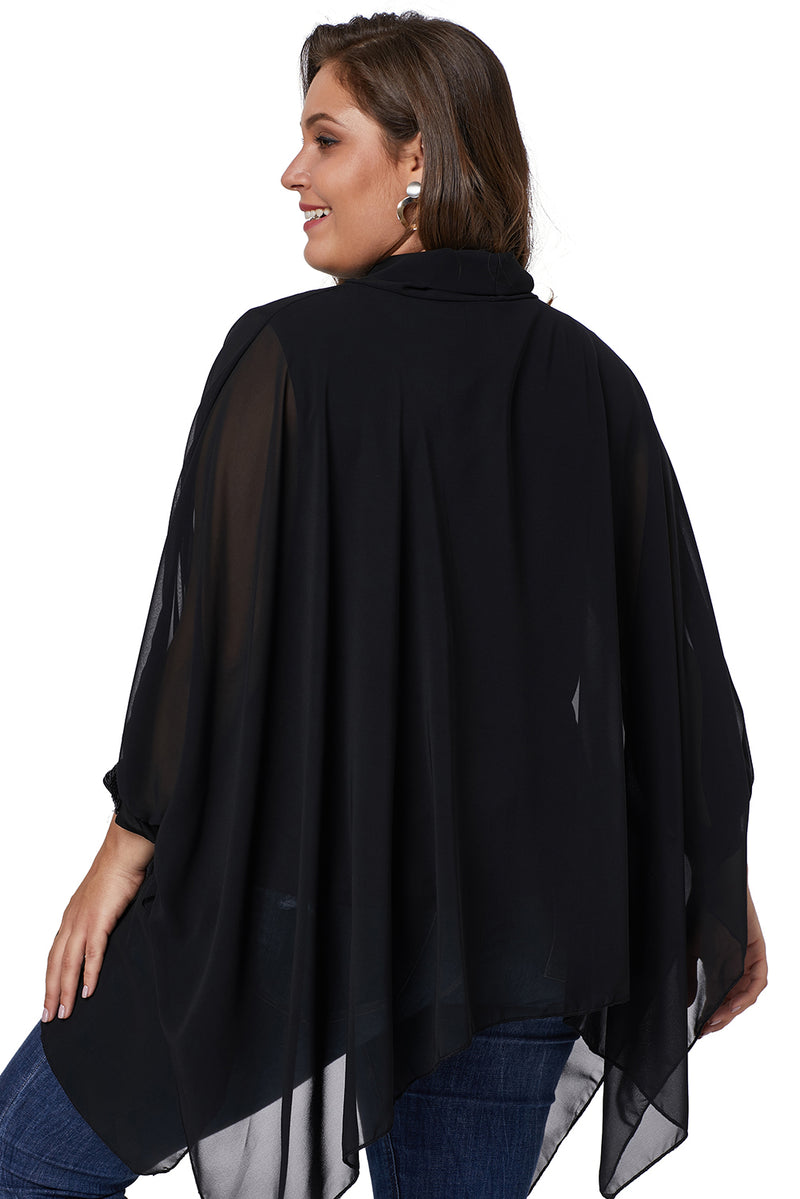 Black Long Sleeve Chiffon Overlay Plus Size Blouse