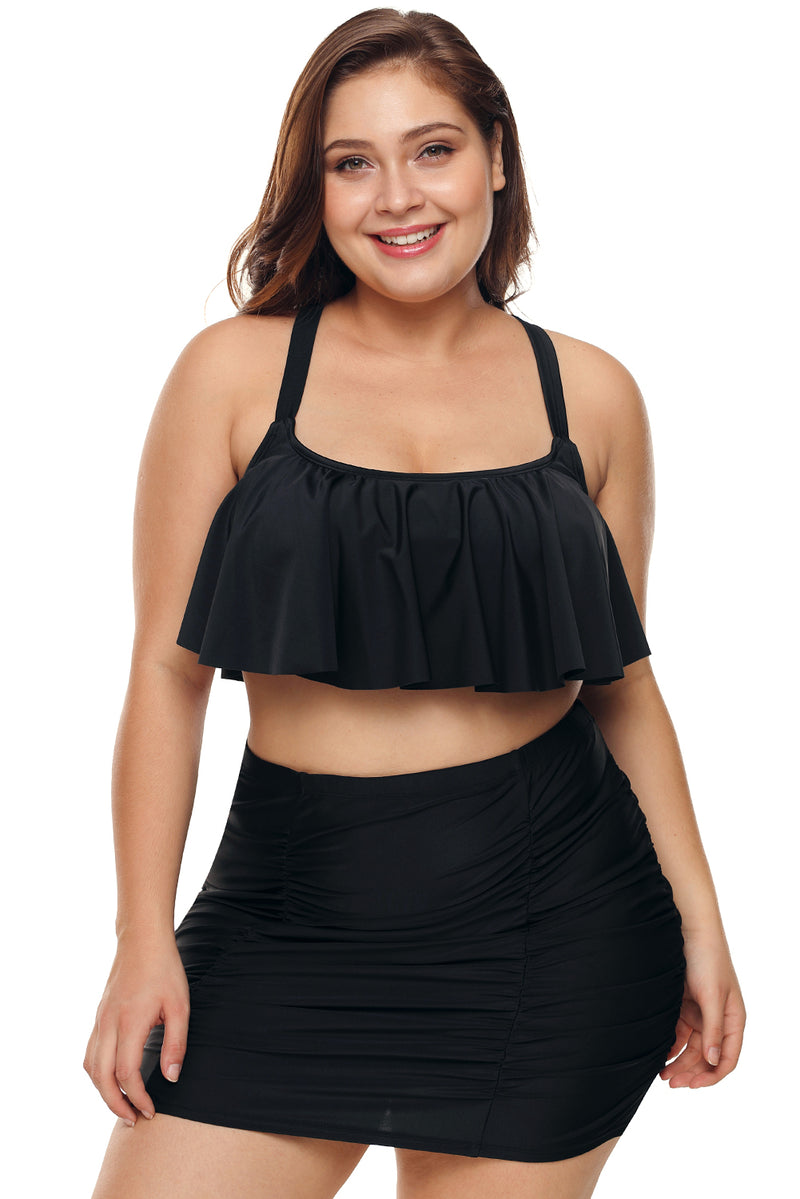 Black Strappy Ruffle Plus Size Two Piece Swimwear