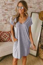 Gray V Neck Cuffed T-shirt Dress