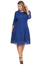 Blue 3/4 Length Sleeve Gauze Patchwork Flare Plus Size Dress