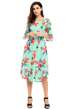 Green 3/4 Bell Sleeve Floral Midi Dress