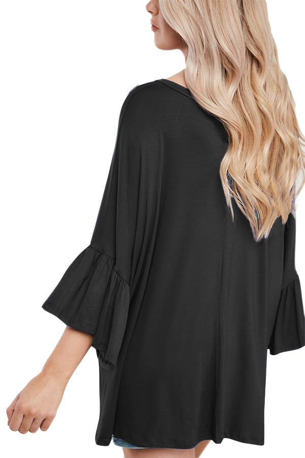 Black V Neck Ruffle Sleeve Oversize Top