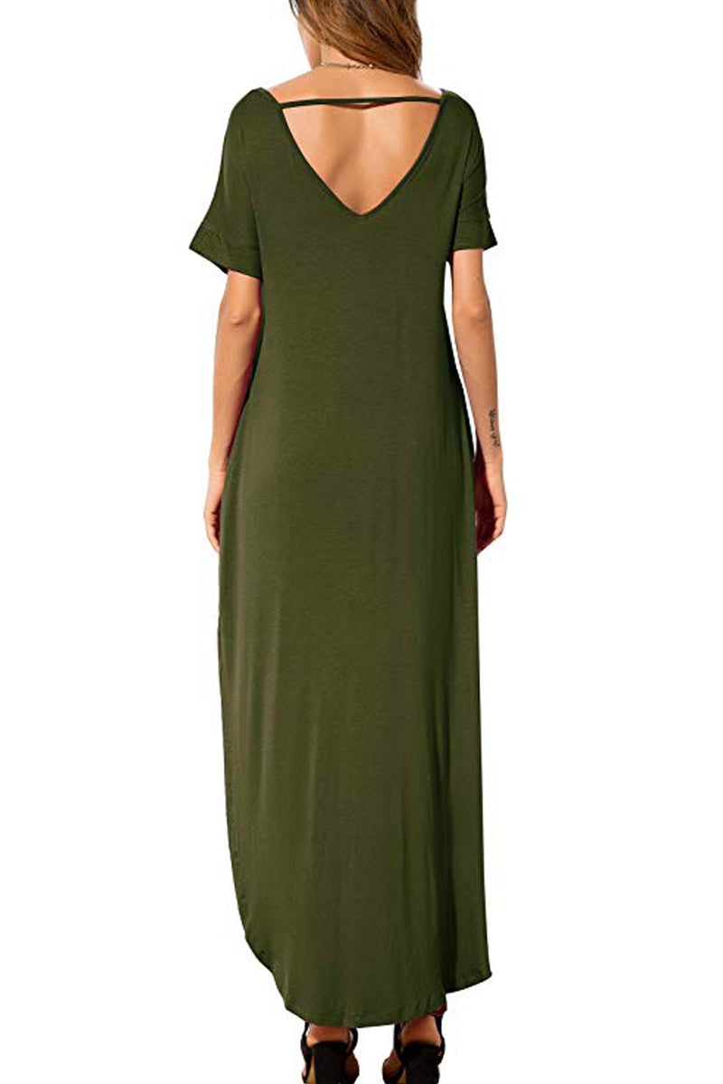 Green Lace Front Pocket Short Sleeve Split Casual Loose Maxi Dress