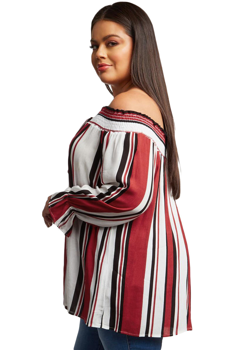 Red Striped Plus Size Off Shoulder Blouse