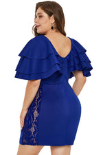 Blue Cascading Shoulder Lace Insert Plus Size Dress