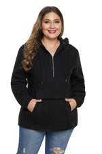 Black Zip Neck Drawstring Plus Size Hoodie