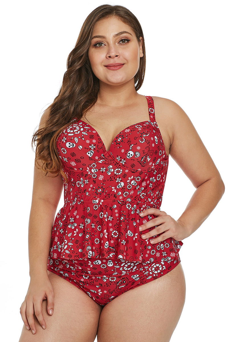 Red Print Moulded Cups Peplum Plus Size Bikini