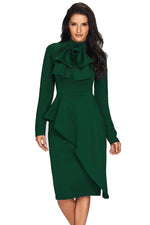 Jade Green Asymmetric Peplum Style Pussy Bow Dress