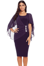 Purple Waist Pleats Rhinestone Detail Midi Dress